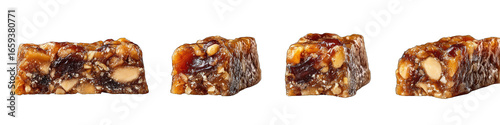Four pieces of a sweet, brown confectionery bar, likely with nuts and dried fruit