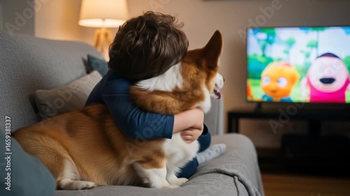 Boy Hugging Corgi Dog Watching Television at Home Comfortably