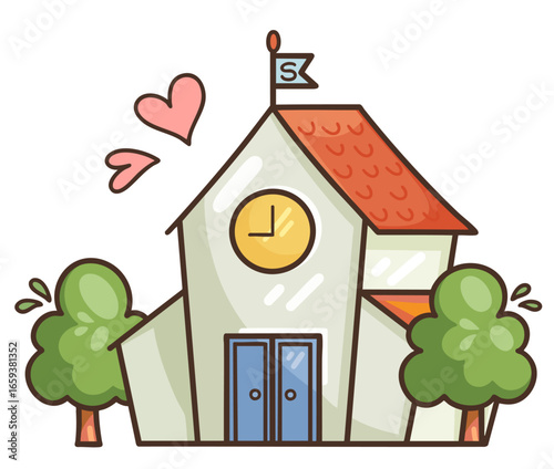 Cute illustration of a school building with clock, flag, trees, and hearts. Perfect for education themes, back to school designs, children’s books, learning materials and lifestyle content.