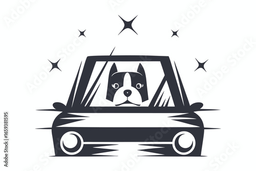 Minimalist Dog in Car on White Background with Starry Elements