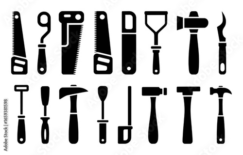 Assortment of black silhouette carpentry and woodworking tools on a white background Keywords: tools, carpentry, woodworking, hand tools, saw