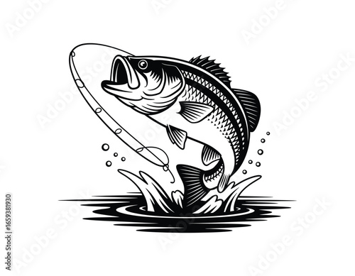 Bass Fishing Illustration of a Fish Jumping Out of Water with Fishing Rod and Line in Black and White Vector Graphic