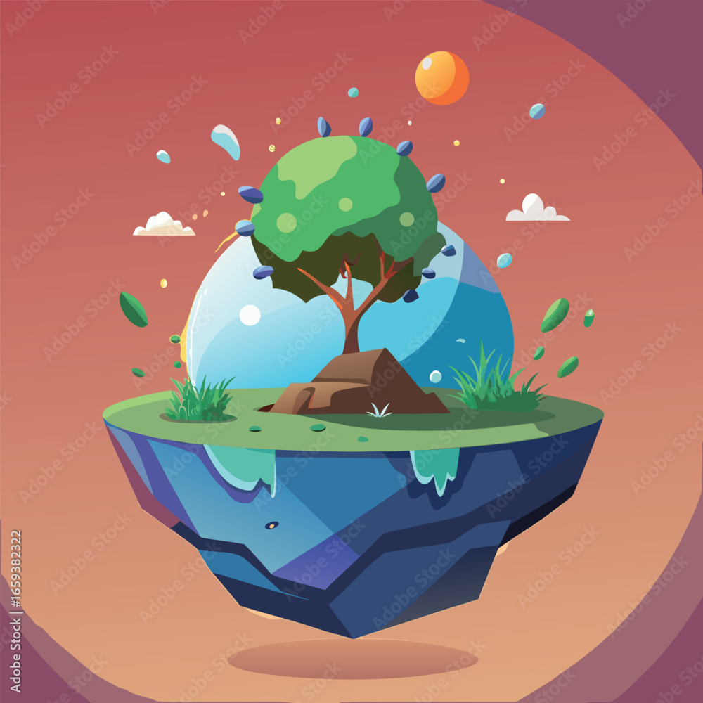 Fototapeta premium Floating Island World with Tree and Nature Elements