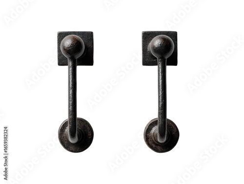 Two dark-toned metal cabinet handles