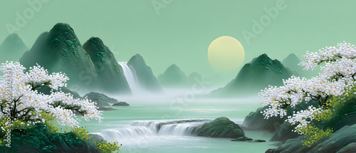 Fototapeta Naklejka Na Ścianę i Meble -  Chinese style watercolor landscape painting with tranquil elegant atmosphere