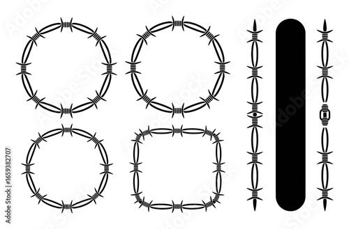 Barbed Wire Frames and Decorative Elements Including a Solid Black Bar fence border