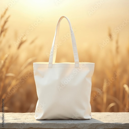 A cream colored tote bag sitting on a stone surface with a field of wheat in the background light tote bag mockup