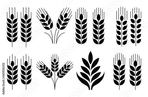 Black Silhouette Icons of Wheat Stalks and Ears of Grain Keywords: wheat, grain, agriculture, harvest, food, cereal, plant, nature, organic
