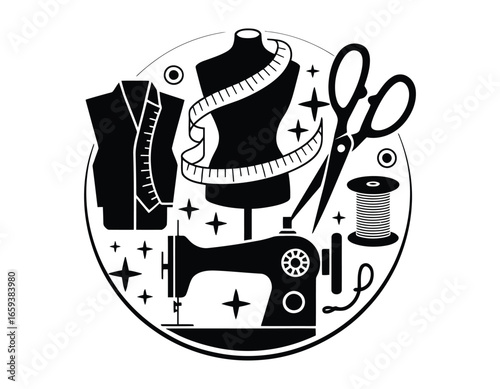 Black and White Illustration of Sewing Tailoring and Fashion Design Equipment Featuring a Mannequin Measuring Tape Scissors and Sewing Machine