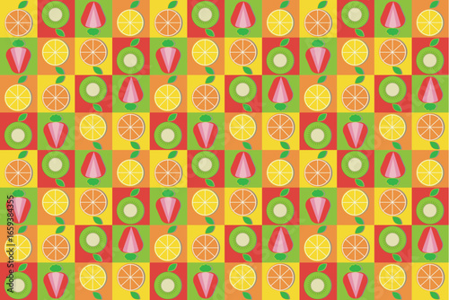 Abstract pattern of fruit with leaf on color background.