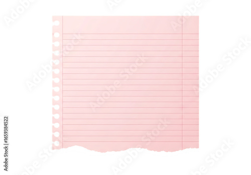 Torn pink paper with lines for notes and list making isolated on white transparent background