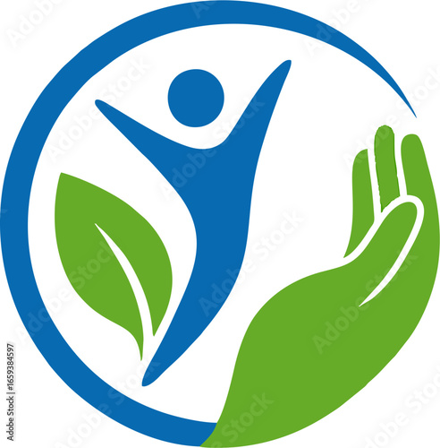 Vector illustration of a circular eco logo featuring a green hand, fresh leaves, and a blue human figure, representing nature, health, care, sustainability, and environmental protection