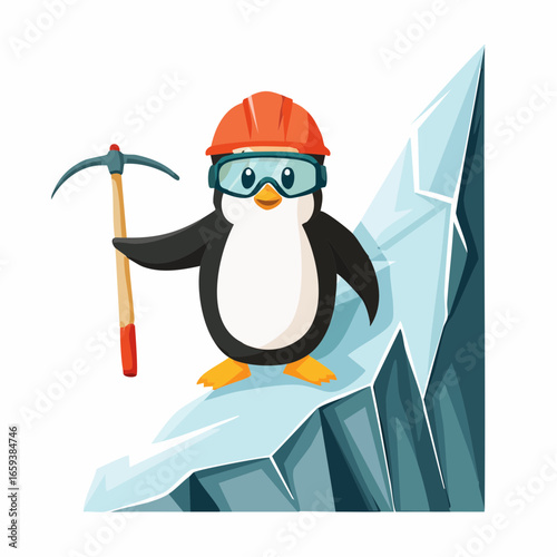 Cartoon penguin miner wearing safety goggles and helmet with pickaxe standing on an iceberg, vector
