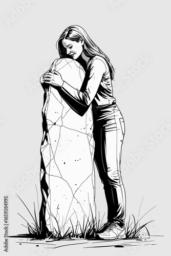 Emotions and Inner States Collection – Vector Art for MAC, Woman hugging a stone (stability, support)