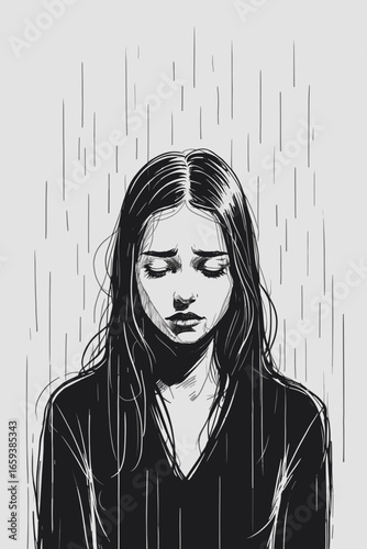Emotions and Inner States Collection – Vector Art for MAC, Woman under the rain (sadness) 1