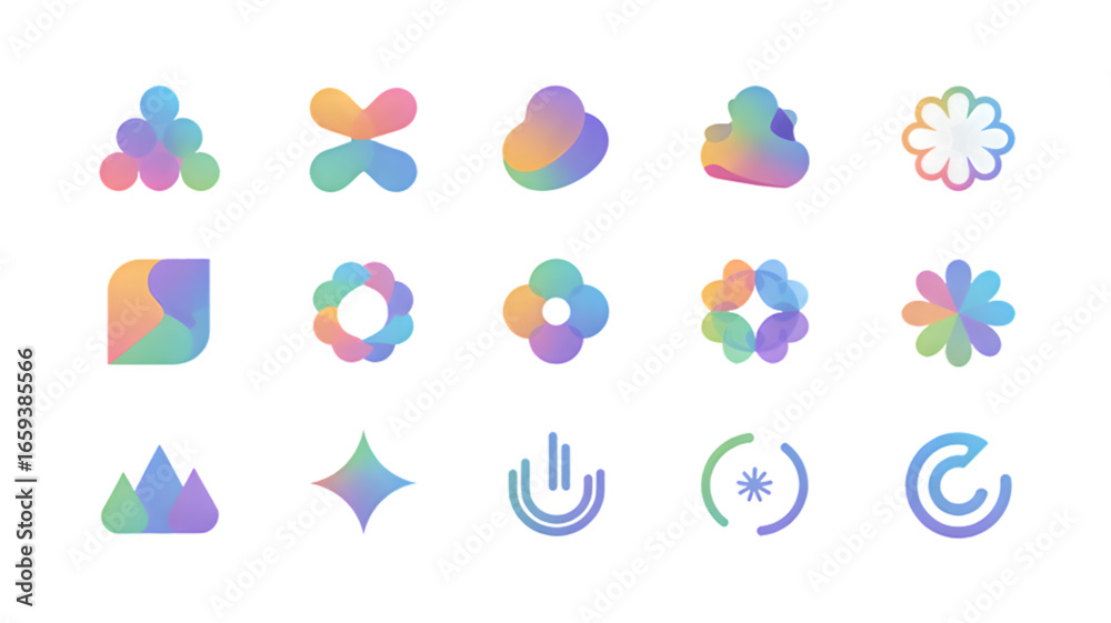 Fototapeta premium Vibrant gradient abstract shapes and icons offering modern design elements for creative projects