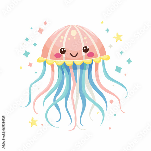 Cute jellyfish cartoon character perfect for children's books and ocean themed designs, originally vector graphic