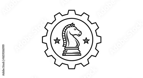 Strategic business icon with a chess knight inside a gear, symbolizing industrial planning and tactical engineering solutions.