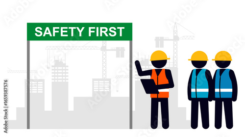 Stick figure of safety officer give the on site education to the visitor and or employee. industrial standard for occupational health and safety at workplace.