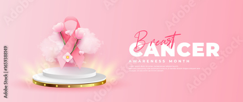 Breast cancer awareness month banner with pink ribbon element