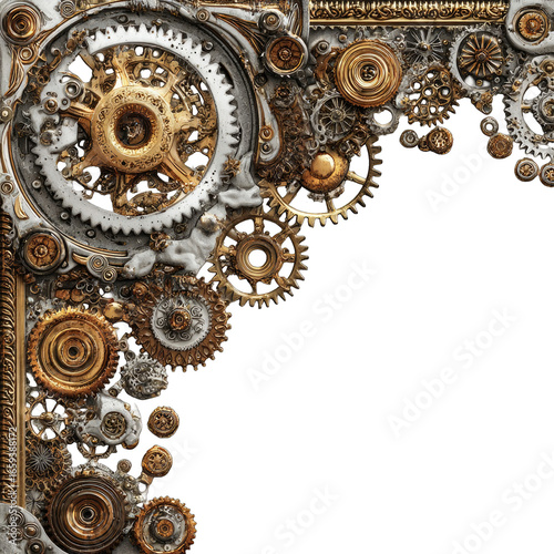 Ornate metal gears in corner frame