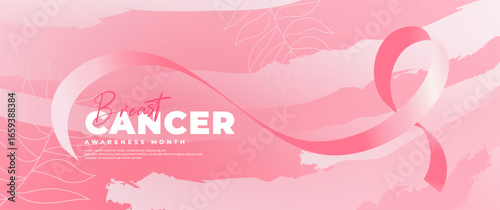 Breast cancer awareness month banner with pink ribbon element
