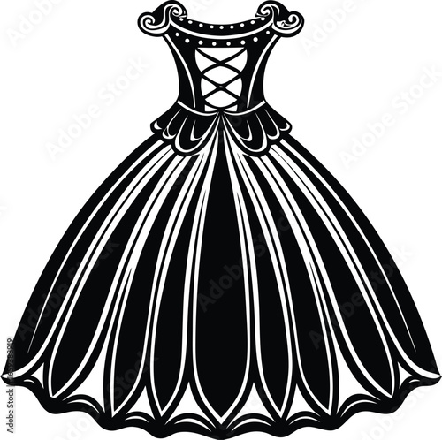 Vector art of dramatic black and white ball gown with a unique floral bodice and scalloped hem, perfect for a theatrical performance or a fantasy event