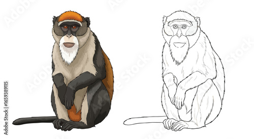 African De Brazza’s Monkey Coloring Page with Twin Character Design