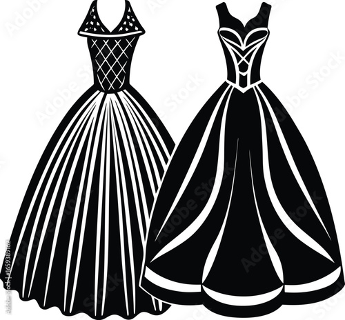 Vector art of two elegant black and white ball gowns, featuring striped patterns and classic silhouettes, perfect for formal events and vintageinspired fashion designs