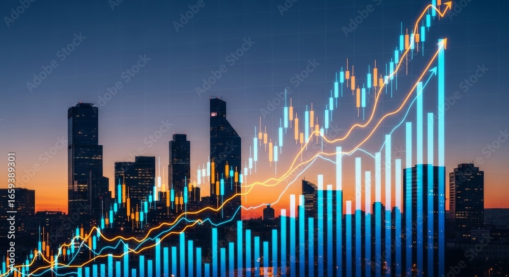 Naklejka premium Financial Growth Chart with Urban Skyline at Dusk