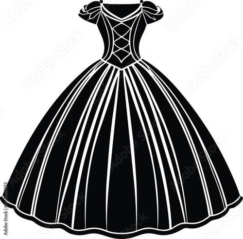 Vector art of ornate black and white ballgown silhouette, featuring elaborate details and a regal design, ideal for adding a touch of grandeur to any project