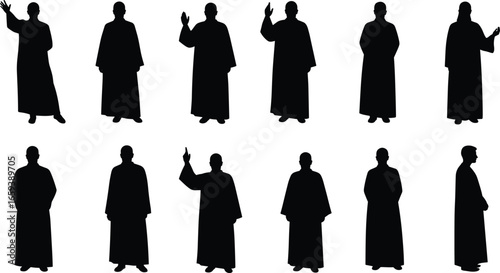 Silhouette collection of robed figures in various poses, black vector icons for cultural design, gesture illustration, and expressive human artwork.