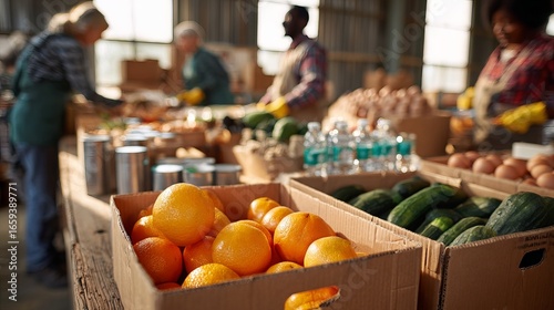 Food pantry with boxes of fresh produce, eggs, water, and canned goods. Volunteers sorting supplies in background. Concept for food donation, community support, healthy nutrition, and food security.