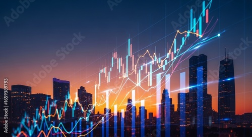 Financial Chart Overlaying Modern City Skyline at Sunset