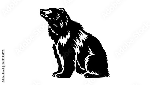 Realistic bear silhouette in seated pose – Wilderness strength, textured fur, black and white wildlife icon