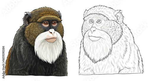 Monkey Illustration and Outline: An intriguing illustration and line art of a distinctive monkey showcases its unique features, with a striking face, detailed fur texture.