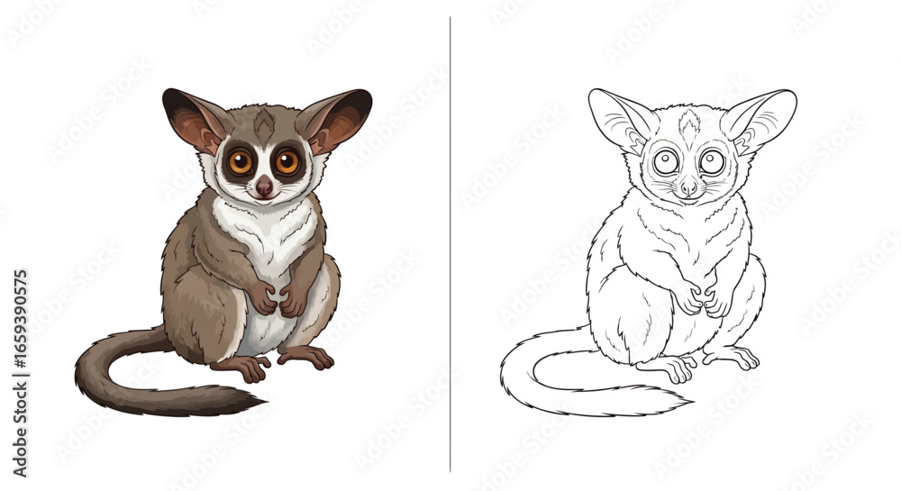 Fototapeta premium African Lesser Bushbaby Coloring Sheet Contrast Views Dual Version Line and Filled Art