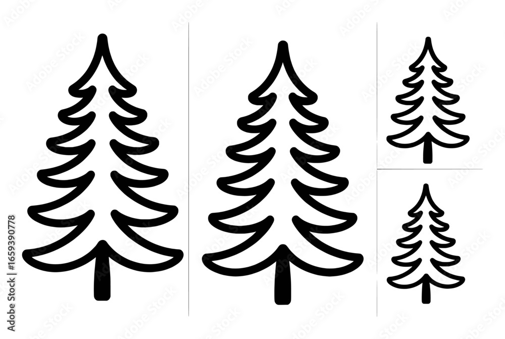 Obraz premium Group of Black Outline Christmas Tree Graphics on White Background pine tree fir tree