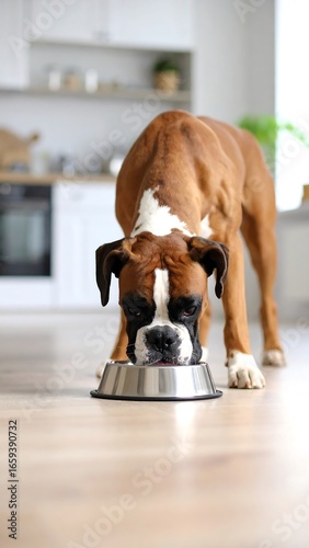 Dog eating from bowl in kitchen