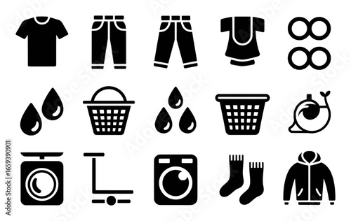 Laundry and Cleaning Icons: T-shirt, Jeans, Water Drops, Baskets, Washer, Socks, Jacket