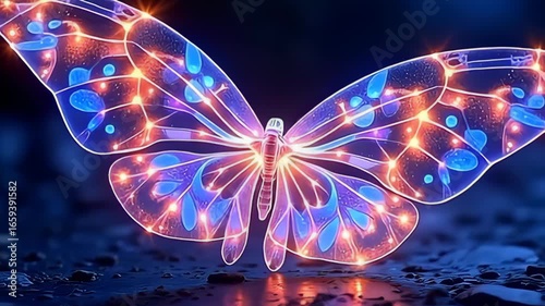 A mesmerizing animation reveals a colorful tangled molecule shaped like butterfly wings, where luminescent strands intertwine gracefully against a crystal-clear backdrop, with light beams