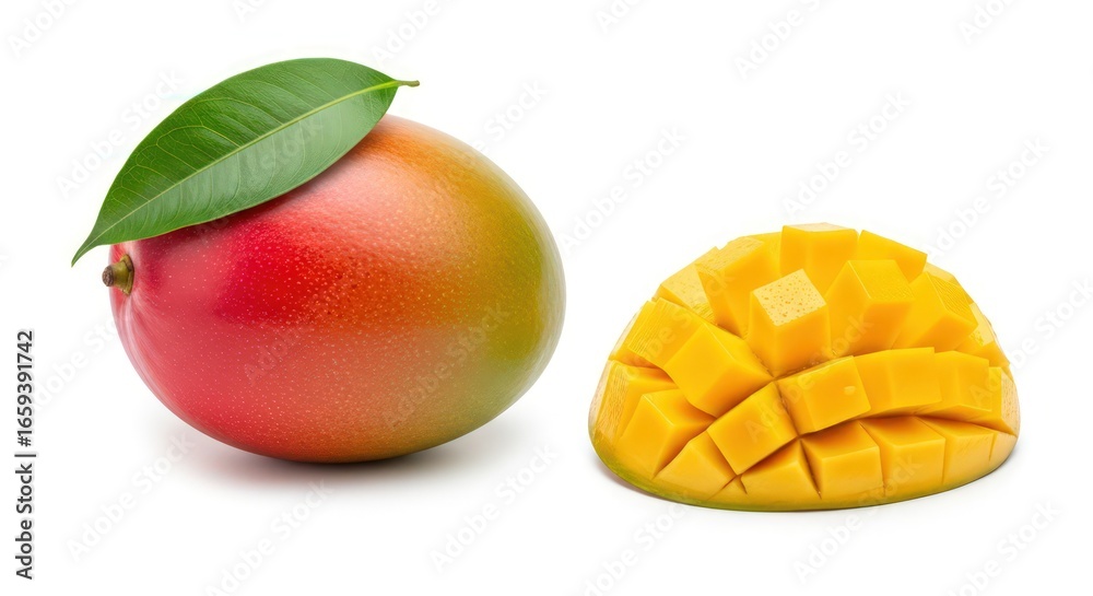 Fresh Mango Fruit with Leaf and Mango Cubes Isolated on White Background Fresh Mango Fruit with Leaf and Mango Cubes Isolated on White Background
