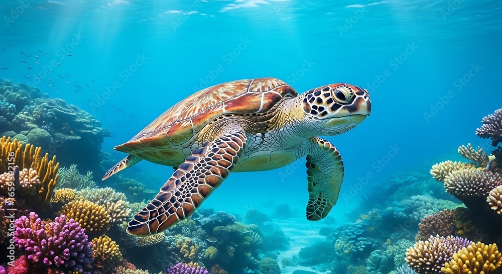 Fototapeta premium Sea Turtle Gliding Gracefully Through Vibrant Coral Reef Ecosystem a Marine Life Spectacle in Azure Waters
