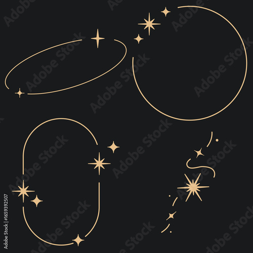 Sparkle star frame. wreath round stardust border for party, birthday decor design. laurel frame with, cosmic glitter shine. isolated black flat vector illustration.