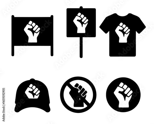 Symbols of Solidarity: A stark monochrome image featuring iconic fist symbols representing solidarity, resistance, and unity, offering a potent visual statement.