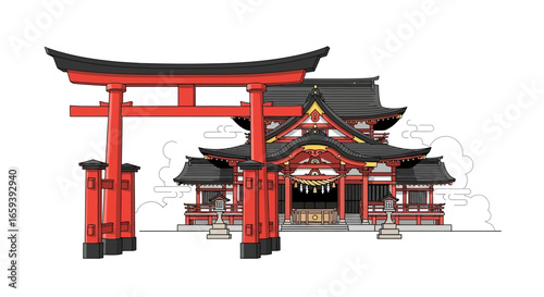 Detailed Illustration of Traditional Japanese Shrine with Torii Gate and Ornamental Roofs, a Cultural Heritage Site