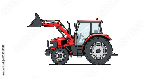Stylized Red Tractor with Front Loader Illustration for Agricultural and Farming Concepts showcasing industrial agriculture machinery and equipment