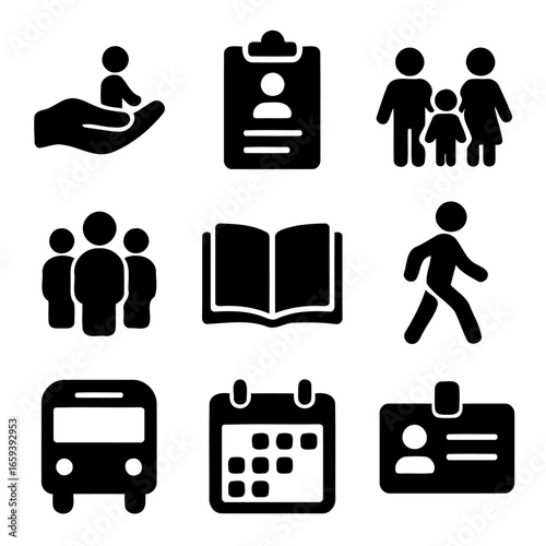 Iconic Community and Service Symbols: A collection of minimalist icons representing concepts like family care, essential services, and vital resources.