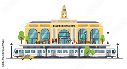 Vibrant grand central station cartoon illustration featuring commuters and modern urban public transport elements