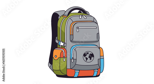 Colorful Cartoon Backpack with Globe Design for Travel and Adventure Theme  Isolated on a Clean White Background Ready for Creative Projects